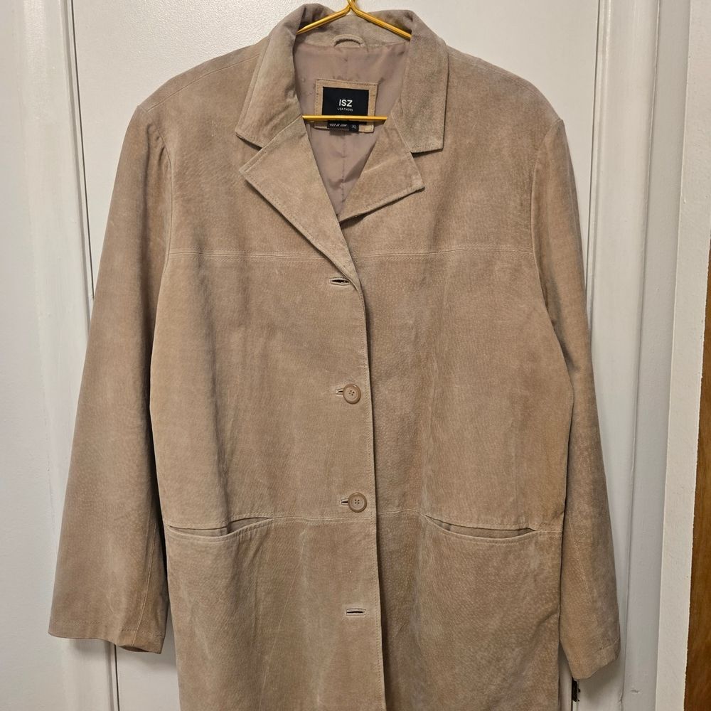 ISZ Genuine Suede Leather Jacket Caramel Tan Boxy Longline Coat Womens XL